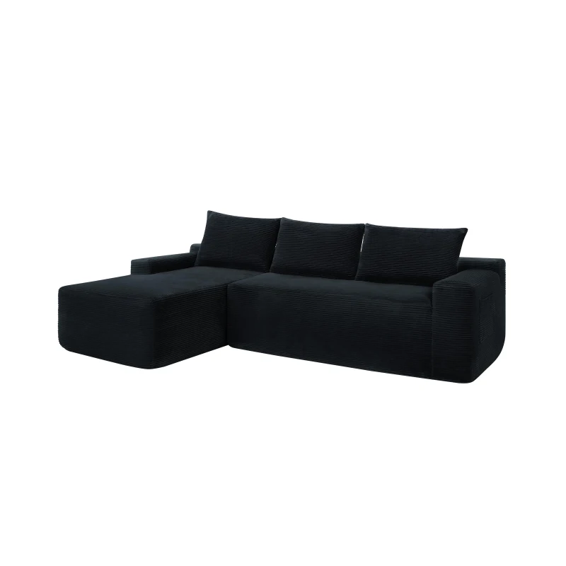 Plush Corduroy Sectional Sofa with L-Shaped Chaise and Deep Seat, Modern Modular Couch for Living Room and Bedroom, 97'' L x 60" W x 31" H, Black