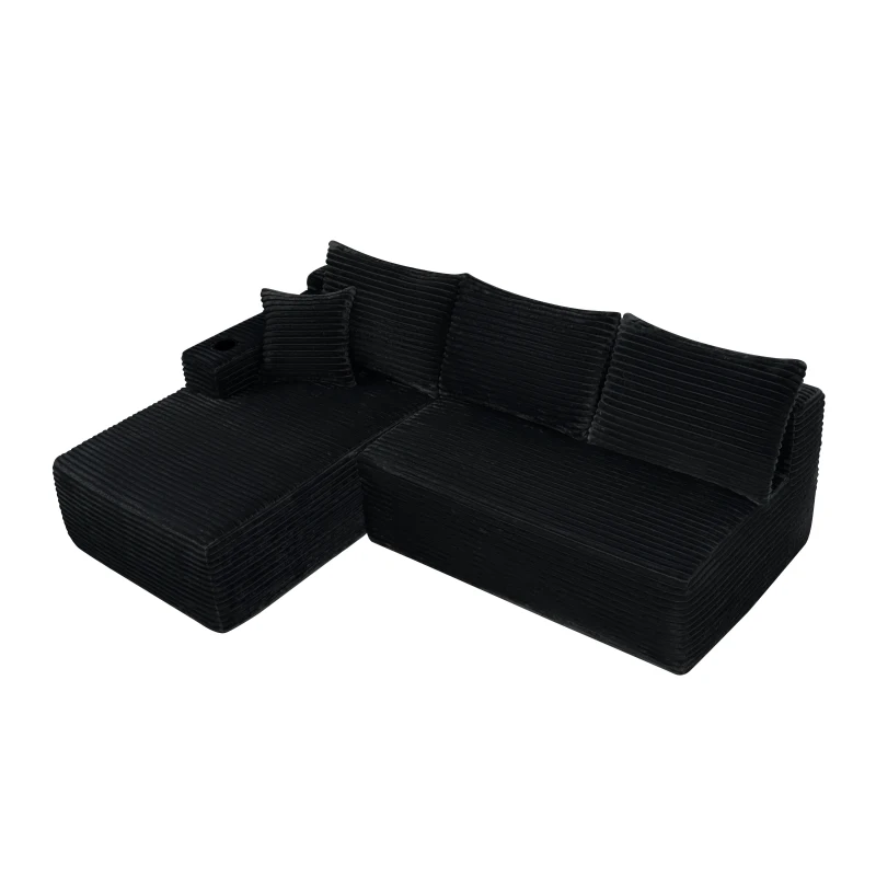 Luxurious Corduroy Sectional Sofa with L-Shaped Chaise and Cup Holder, Cozy Couch for Living Room and Bedroom, 96'' L x 66" W x 33" H, Black