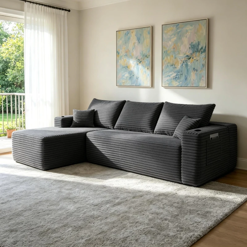 Velvet Fabric Sofa with L-Shaped Chaise and Side Pockets, Classic Couch for Living Room and Bedroom, 108'' L x 63" W x 23" H, Grey Left