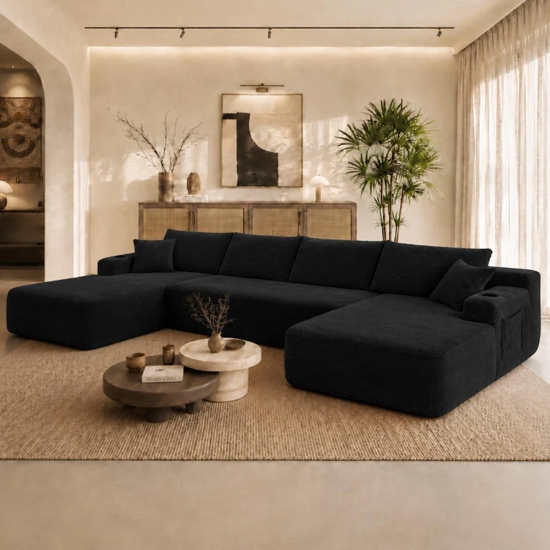 Ample Corduroy Sofa with U-Shaped Double Chaise and Pockets, Inviting Couch for Living Room and Bedroom, 126'' L x 66" W x 26" H, Black