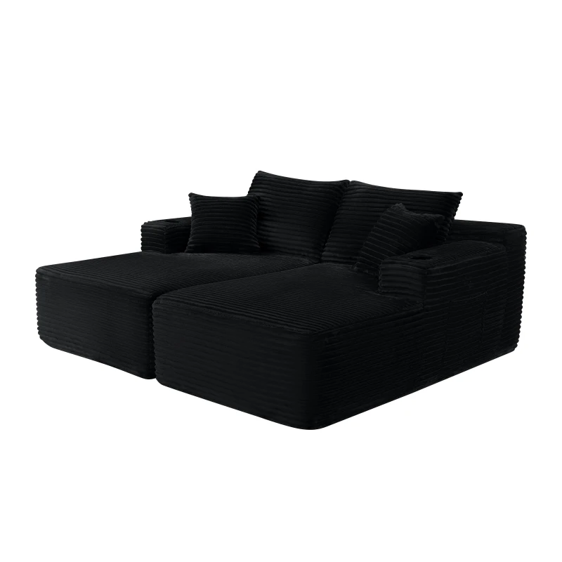 Fresh Fabric Sectional Sofa with Dual Chaise, Deep Seat and Cup Holder, Handy Couch for Living Room and Bedroom, 76'' L x 66" W x 26" H, Black