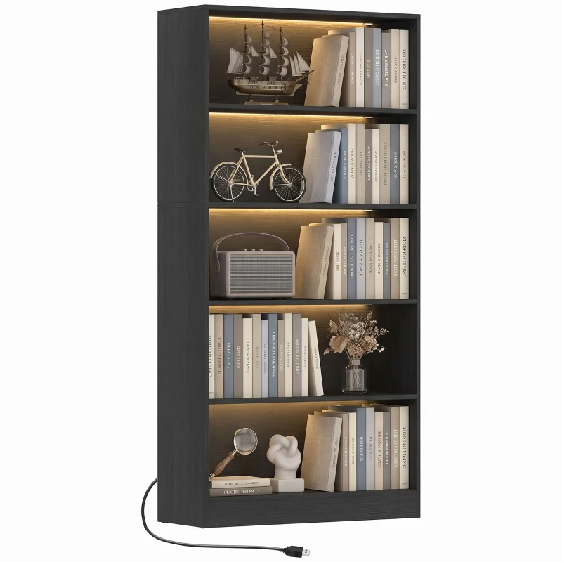 HOMCOM Bookshelf with LED Lights, 5-Tier Bookcase, Cable Holes, for Living Room, Study, Black Wood Grain