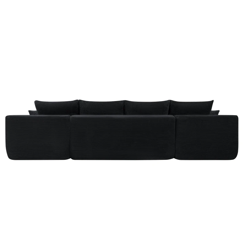 Ample Corduroy Sofa with U-Shaped Double Chaise and Pockets, Inviting Couch for Living Room and Bedroom, 126'' L x 66" W x 26" H, Black