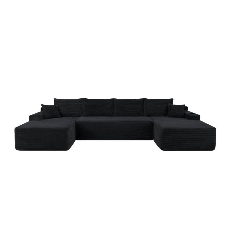 Ample Corduroy Sofa with U-Shaped Double Chaise and Pockets, Inviting Couch for Living Room and Bedroom, 126'' L x 66" W x 26" H, Black