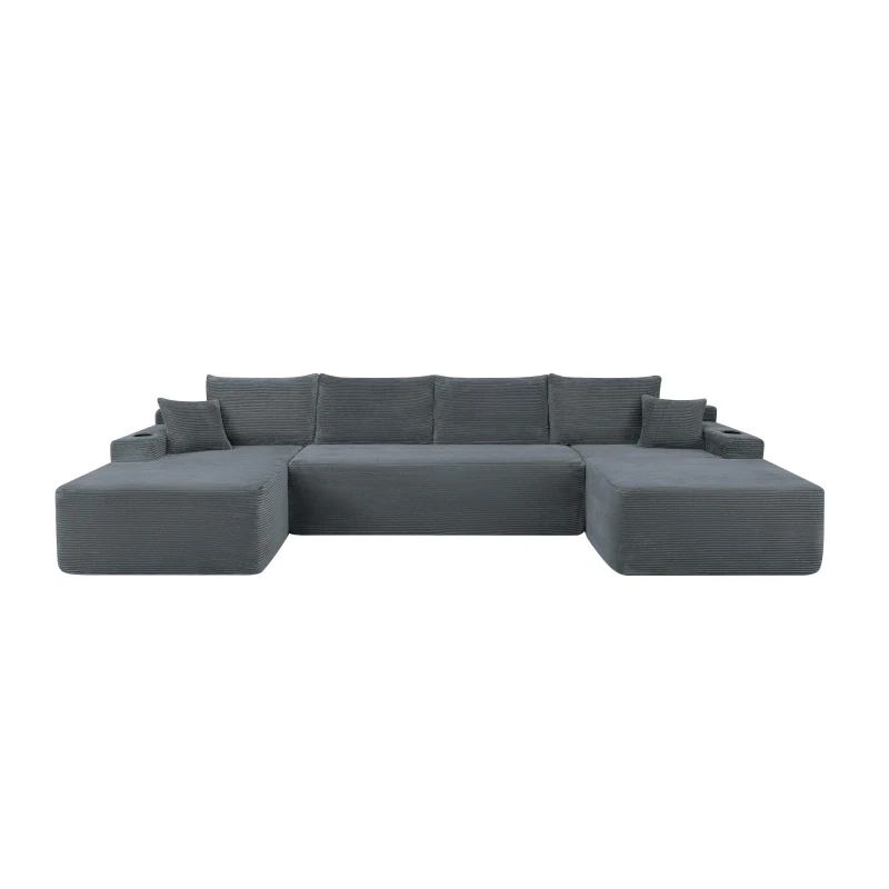 Grand Corduroy Sectional Sofa with U-Shaped Double Chaise and Pockets, Stylish Couch for Living Room and Bedroom, 126'' L x 66" W x 26" H, Grey