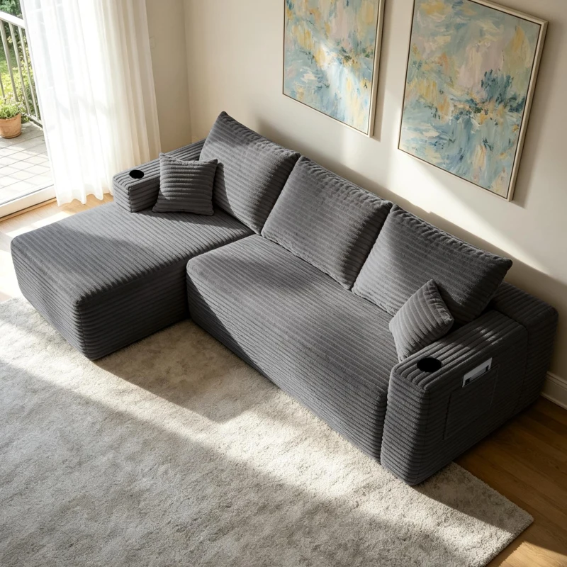 Velvet Fabric Sofa with L-Shaped Chaise and Side Pockets, Classic Couch for Living Room and Bedroom, 108'' L x 63" W x 23" H, Grey Left