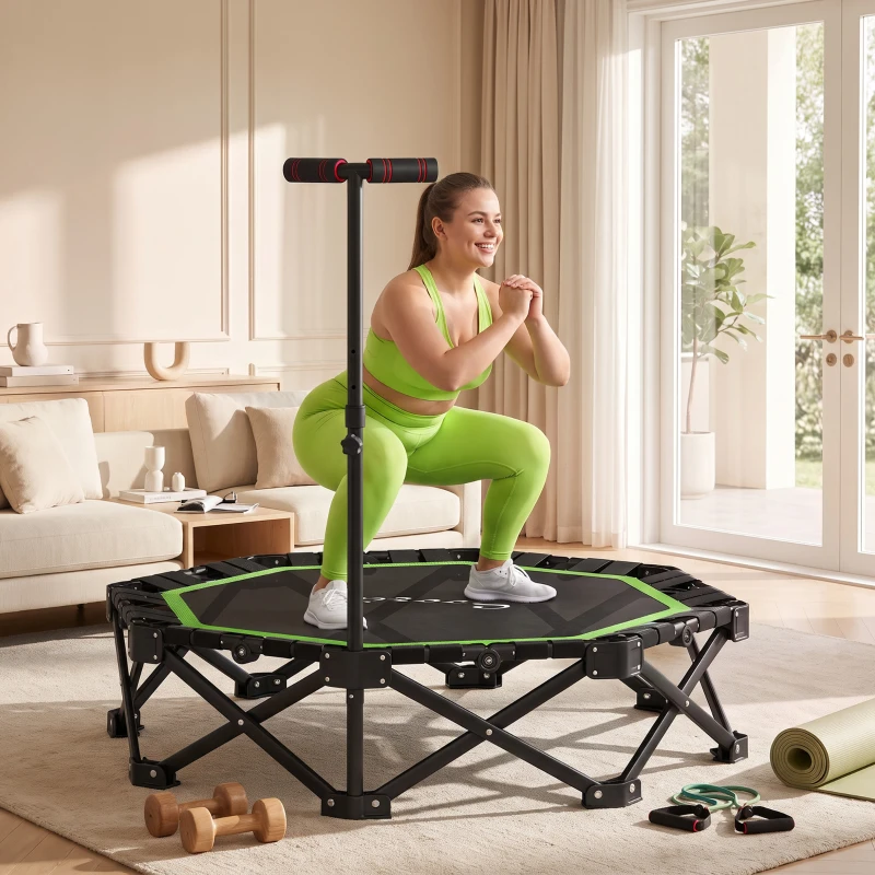 Soozier 50" Foldable Mini Trampoline for Adults, One-Step Fold & Open, 550LBS Capacity, 3-Level Adjustable Handle, Green