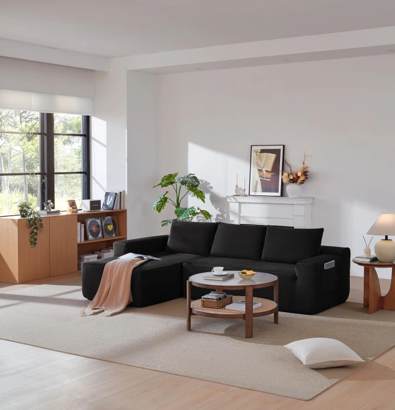 Corduroy Sectional Sofa with L-Shaped Chaise and Deep Seat, Modern Modular Couch for Living Room and Bedroom, 97'' L x 60" W x 31" H, Black