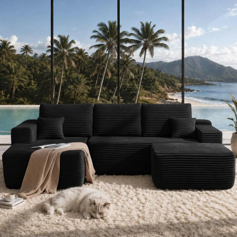 Roomy Fabric Sectional Sofa with U-Shaped Chaise and Side Pockets, Polished Couch for Living Room, 104'' L x 67" W x 32.5" H, Black Left