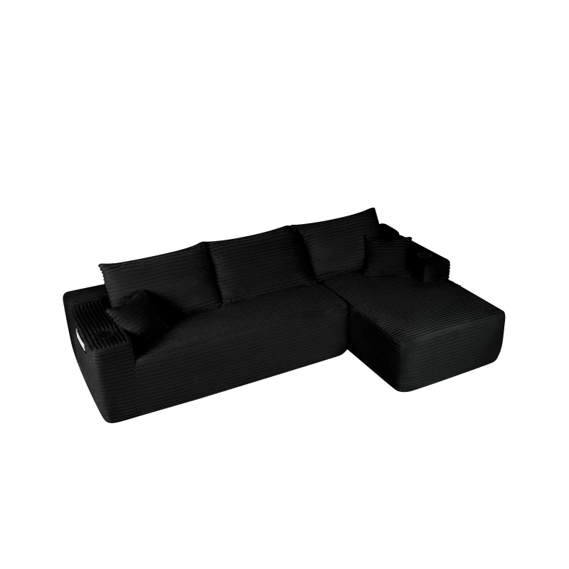 Smooth Fabric Sofa with L-Shaped Chaise and Side Pockets, Urbane Couch for Living Room and Bedroom, 108'' L x 63" W x 23" H, Black Right