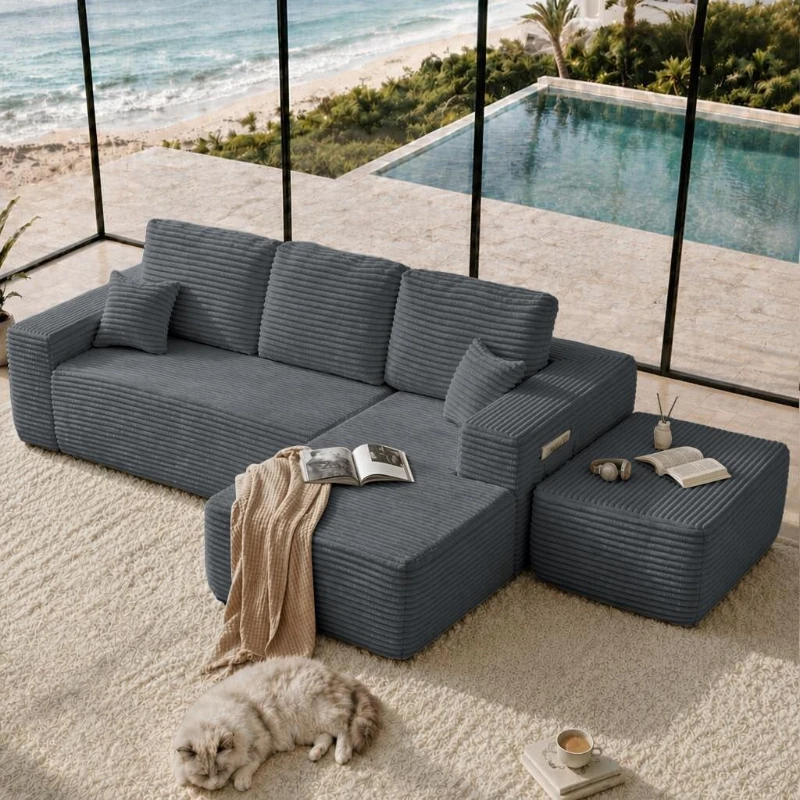 Billowy Fabric Sofa with U-Shaped Chaise and Side Pockets, Tidy Couch for Living Room and Bedroom, 104'' L x 67" W x 32.5" H, Grey Right