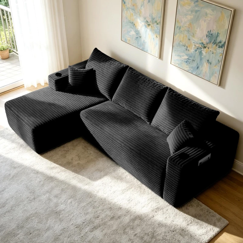Tranquil Fabric Sofa with L-Shaped Chaise and Side Pockets, Crisp Couch for Living Room and Bedroom, 108'' L x 63" W x 23" H, Black Left