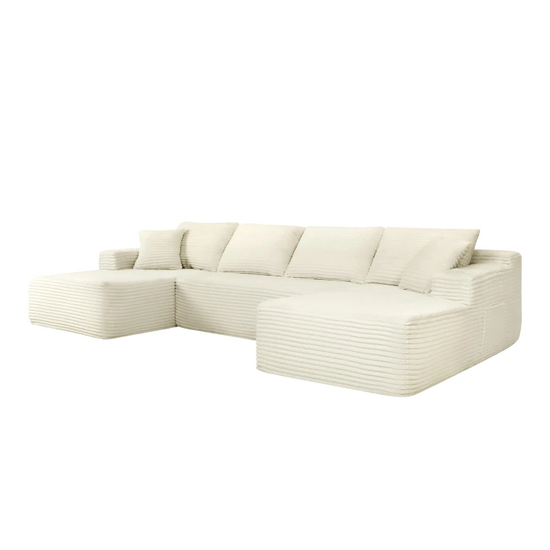 Chic Cloud Sectional with U-Shape Chaise and Cup Holder, Cozy Modular Couch with Side Pockets and No Assembly, 126'' L x 66" W x 26" H, Beige