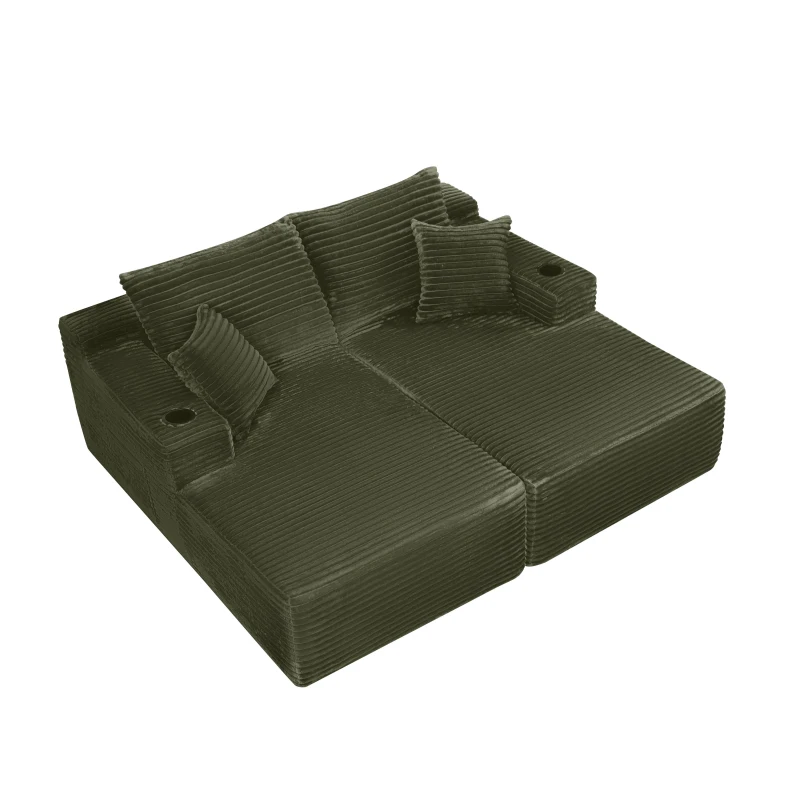 Downy Fabric Sectional Sofa with Double Chaise and Cup Holder, Useful Couch for Modern Living Room and Bedroom, 76'' L x 66" W x 26" H, Green