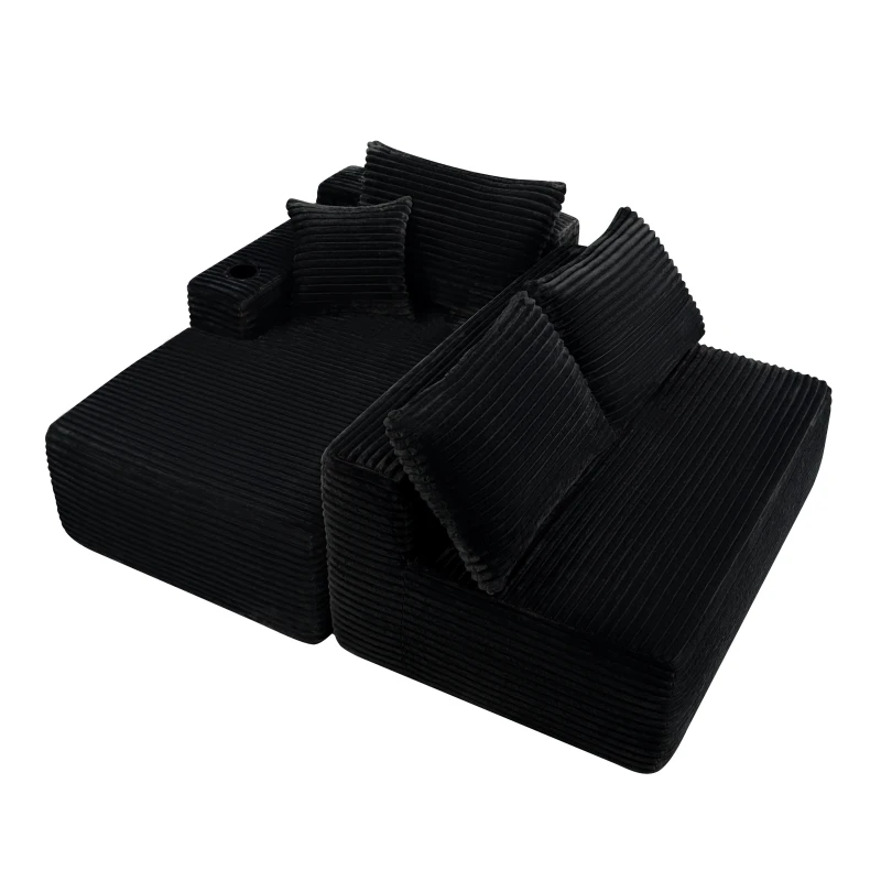 Luxurious Corduroy Sectional Sofa with L-Shaped Chaise and Cup Holder, Cozy Couch for Living Room and Bedroom, 96'' L x 66" W x 33" H, Black