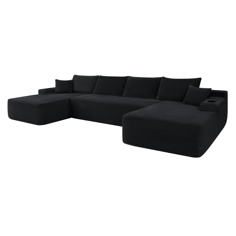 Ample Corduroy Sofa with U-Shaped Double Chaise and Pockets, Inviting Couch for Living Room and Bedroom, 126'' L x 66" W x 26" H, Black