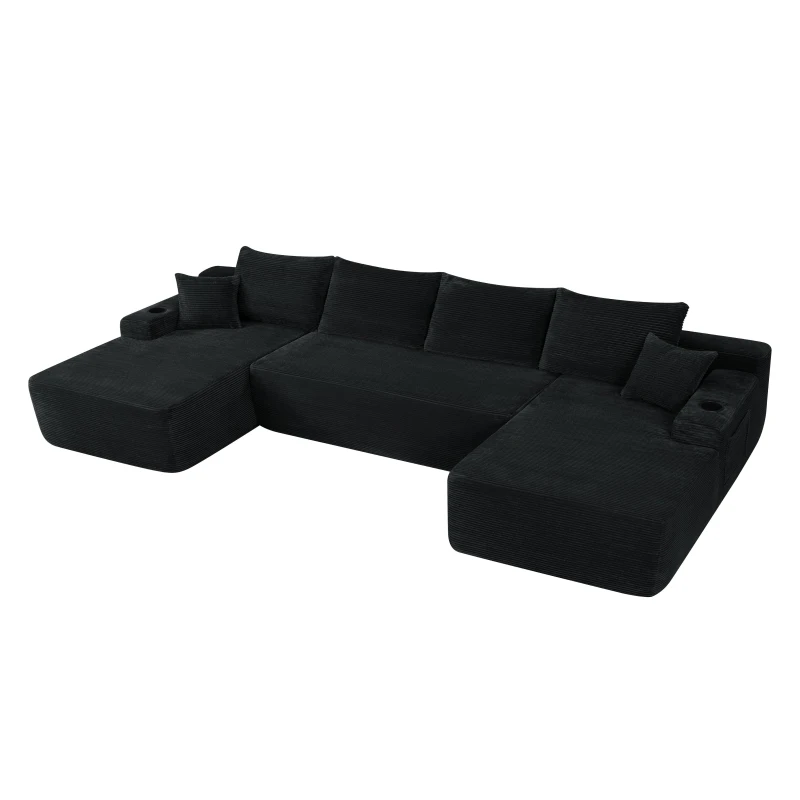 Ample Corduroy Sofa with U-Shaped Double Chaise and Pockets, Inviting Couch for Living Room and Bedroom, 126'' L x 66" W x 26" H, Black