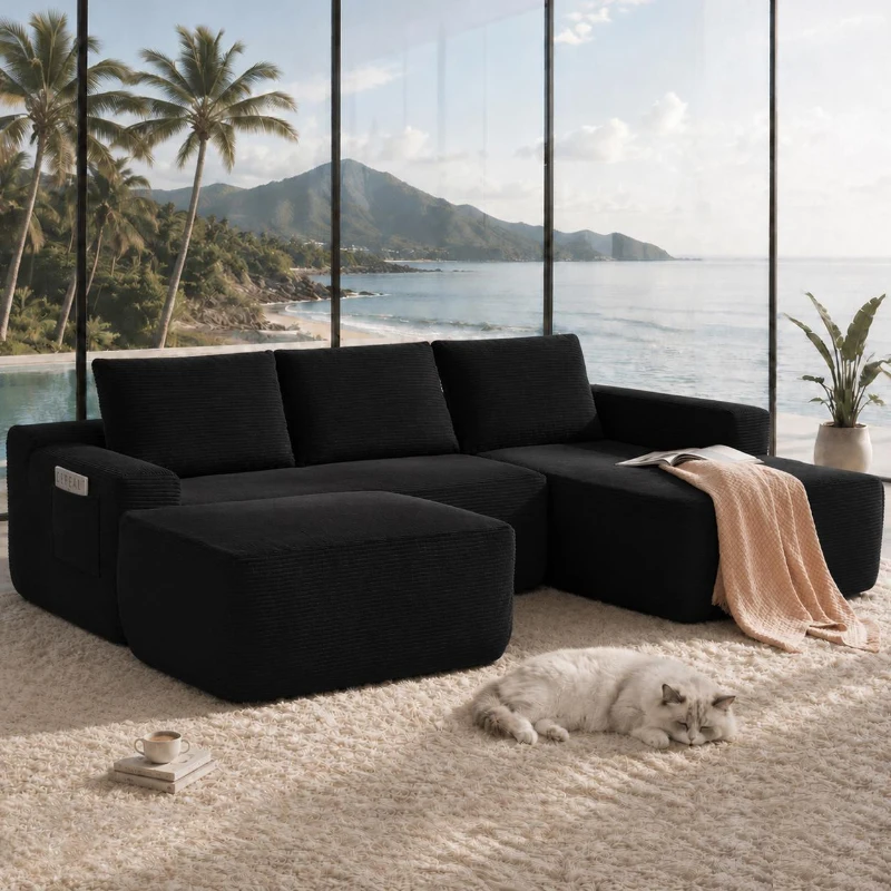 Cozy Modular Sectional Sofa with U-Shape Chaise and Side Pockets, Modern Upholstered Couch with No Assembly, 104'' L x 67" W x 32.5" H, Black