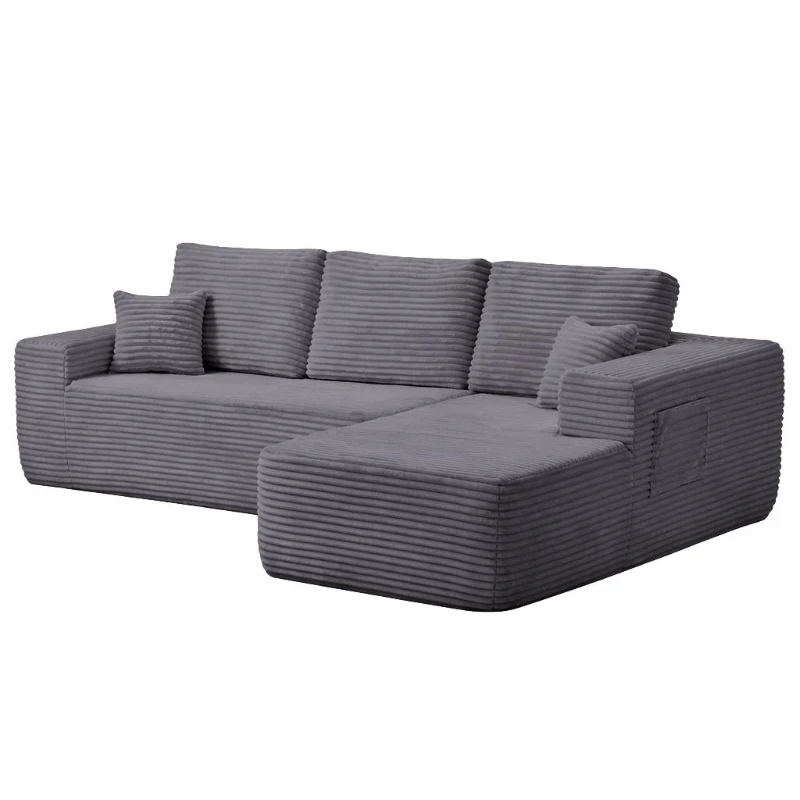 Gentle Fabric Sofa with L-Shaped Chaise and Side Pockets, Wise Couch for Living Room and Bedroom, 104'' L x 67" W x 32.5" H, Grey Right