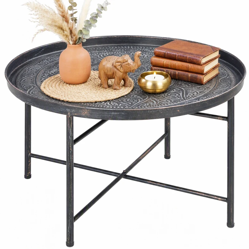 HOMCOM Coffee Table for Living Room, 24" Round Center Table with Hammered Tray Top and Metal Frame for Bedroom, Pewter