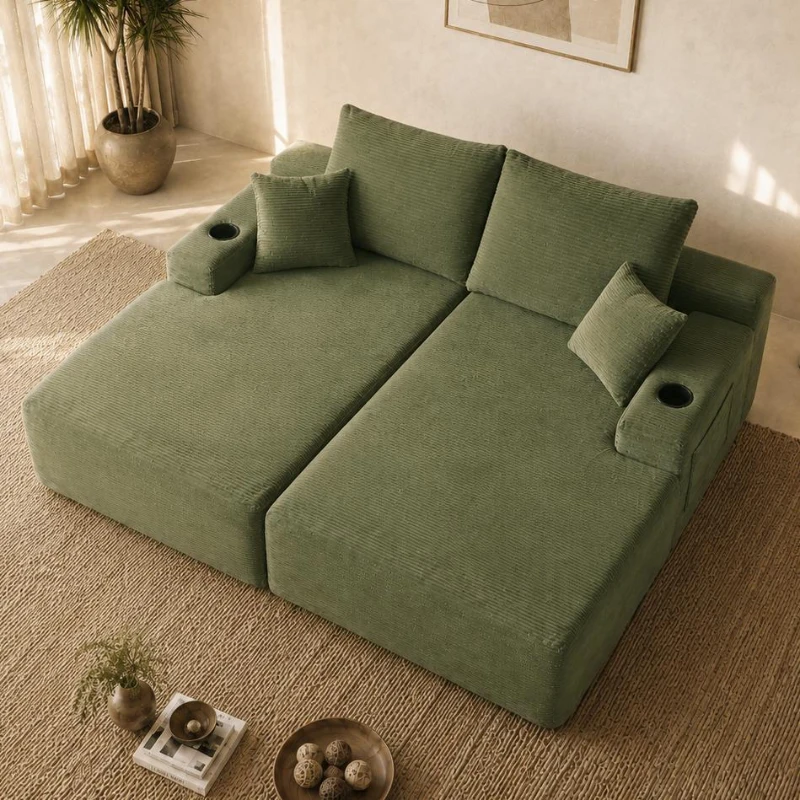 Modern Cloud Sectional with Double Chaise and Deep Seat, Cozy 2-Seater Sofa with Soft Corduroy and No Assembly, 69'' L x 61" W x 30" H, Green
