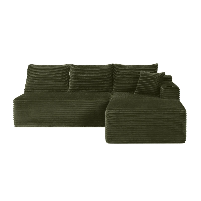 Warm Corduroy Sectional Sofa with L-Shaped Chaise and Cup Holder, Sensible Couch for Living Room and Bedroom, 96'' L x 66" W x 33" H, Green
