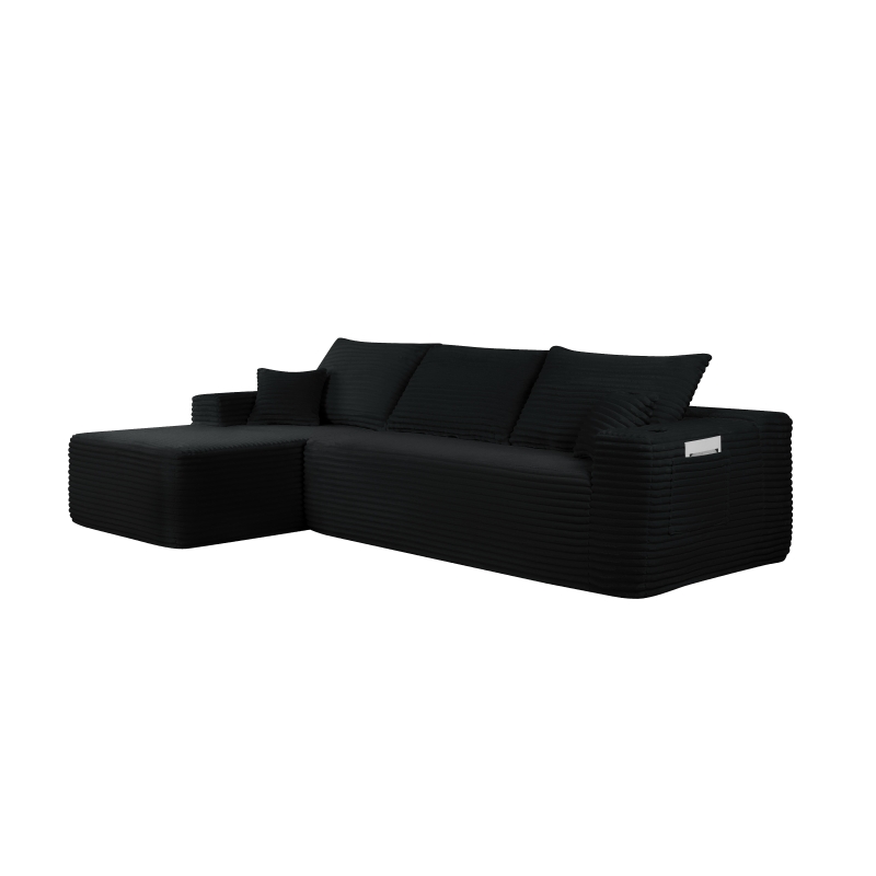 Tranquil Fabric Sofa with L-Shaped Chaise and Side Pockets, Crisp Couch for Living Room and Bedroom, 108'' L x 63" W x 23" H, Black Left