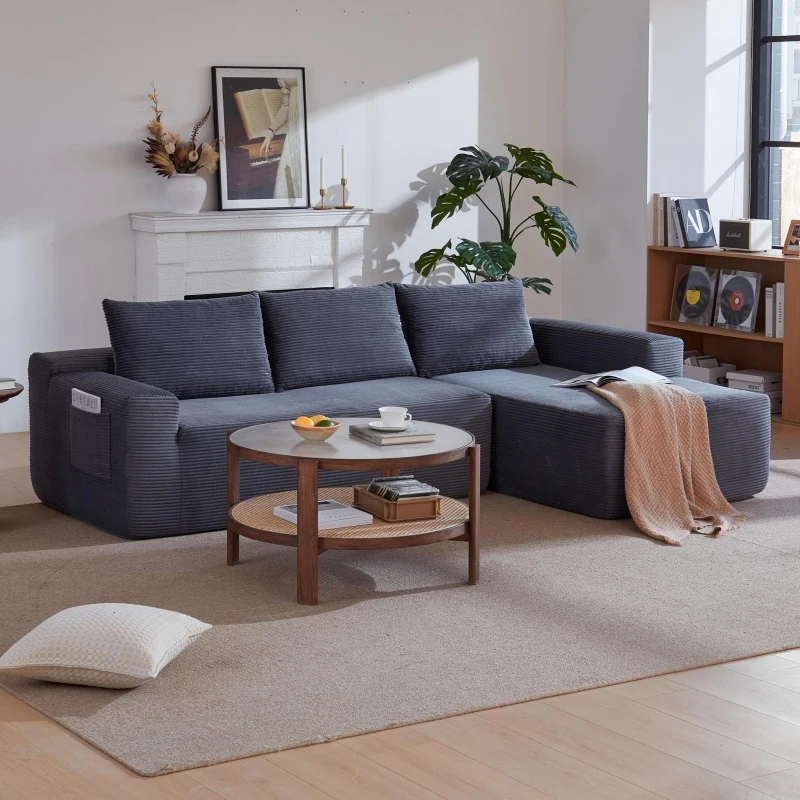 Modern Cloud Sectional with L-Shaped Chaise and Deep Seat, Cozy Modular Sofa with Corduroy and No Assembly, 96.5'' L x 60" W x 31" H, Grey