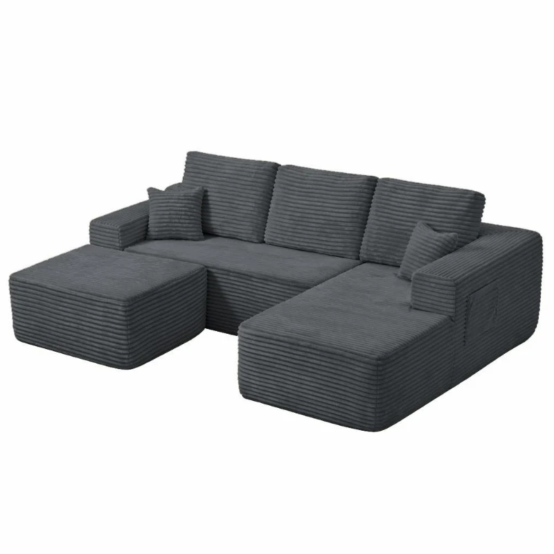 Billowy Fabric Sofa with U-Shaped Chaise and Side Pockets, Tidy Couch for Living Room and Bedroom, 104'' L x 67" W x 32.5" H, Grey Right