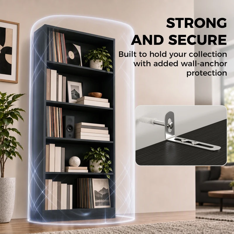 HOMCOM Bookshelf with LED Lights, 5-Tier Bookcase, Cable Holes, for Living Room, Study, Black Wood Grain