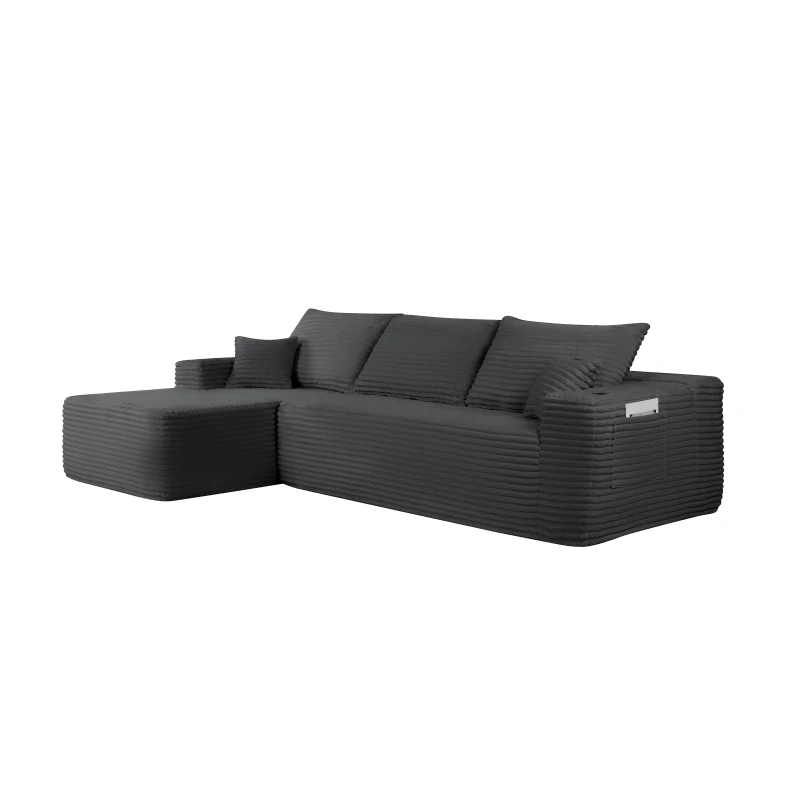 Velvet Fabric Sofa with L-Shaped Chaise and Side Pockets, Classic Couch for Living Room and Bedroom, 108'' L x 63" W x 23" H, Grey Left