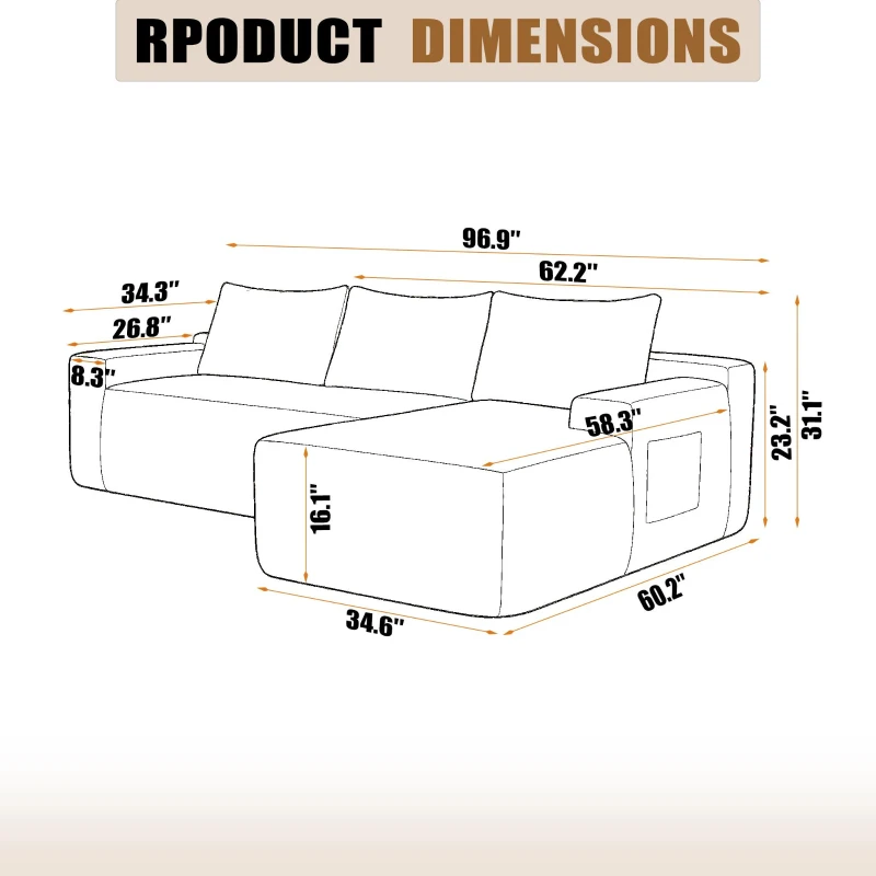 L-Shape Sectional Couch with Right Chaise and Deep Seat, Modern Modular Sofa with Corduroy and No Assembly, 96.5'' L x 60" W x 31" H, Grey