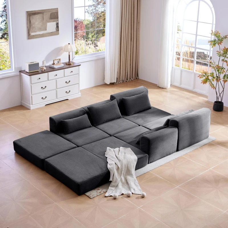 Snuggly Corduroy Sectional Sofa with 5 Pillows and Modular Design, Friendly Couch for Living Room and Bedroom, 100'' L x 35" W x 24" H, Grey