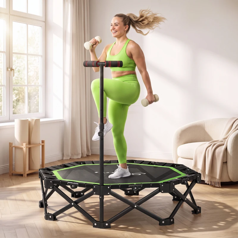 Soozier 50" Foldable Mini Trampoline for Adults, One-Step Fold & Open, 550LBS Capacity, 3-Level Adjustable Handle, Green