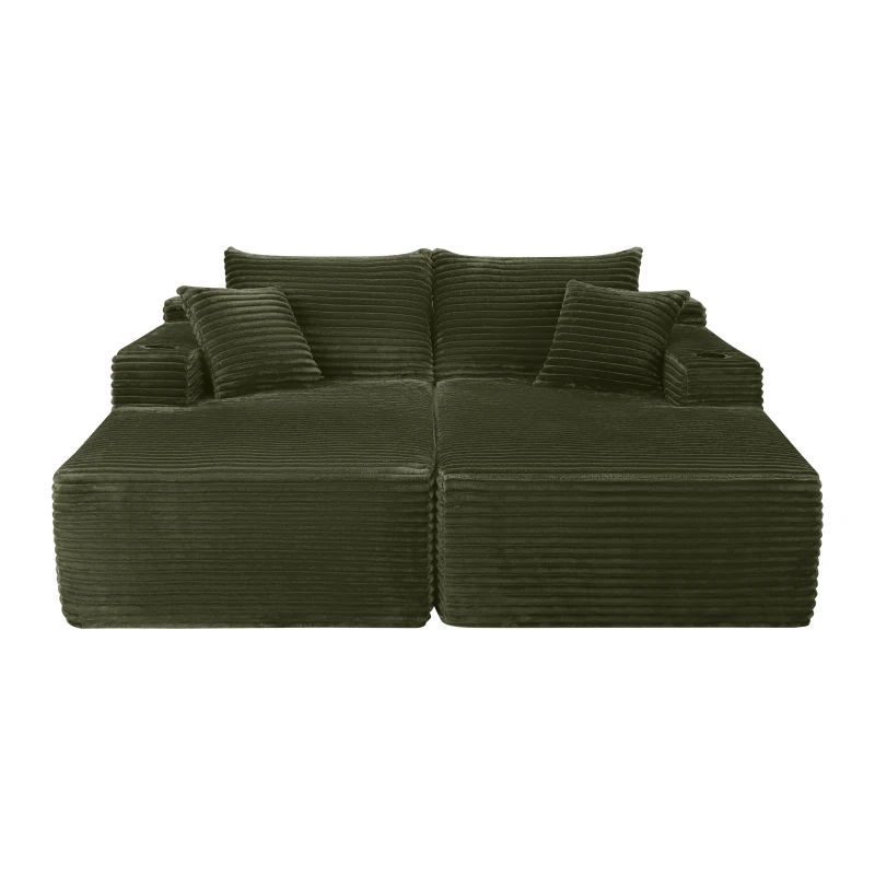 Downy Fabric Sectional Sofa with Double Chaise and Cup Holder, Useful Couch for Modern Living Room and Bedroom, 76'' L x 66" W x 26" H, Green