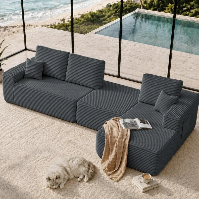 Billowy Fabric Sofa with U-Shaped Chaise and Side Pockets, Tidy Couch for Living Room and Bedroom, 104'' L x 67" W x 32.5" H, Grey Right