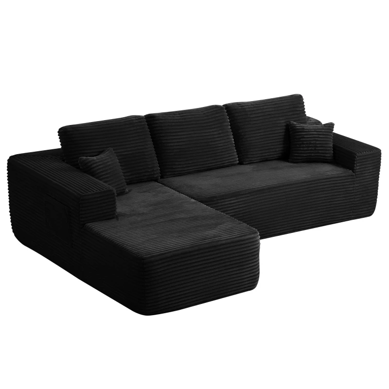 Airy Fabric Sofa with L-Shaped Chaise and Side Pockets, Timeless Couch for Living Room and Bedroom, 104'' L x 67" W x 32.5" H, Black Left
