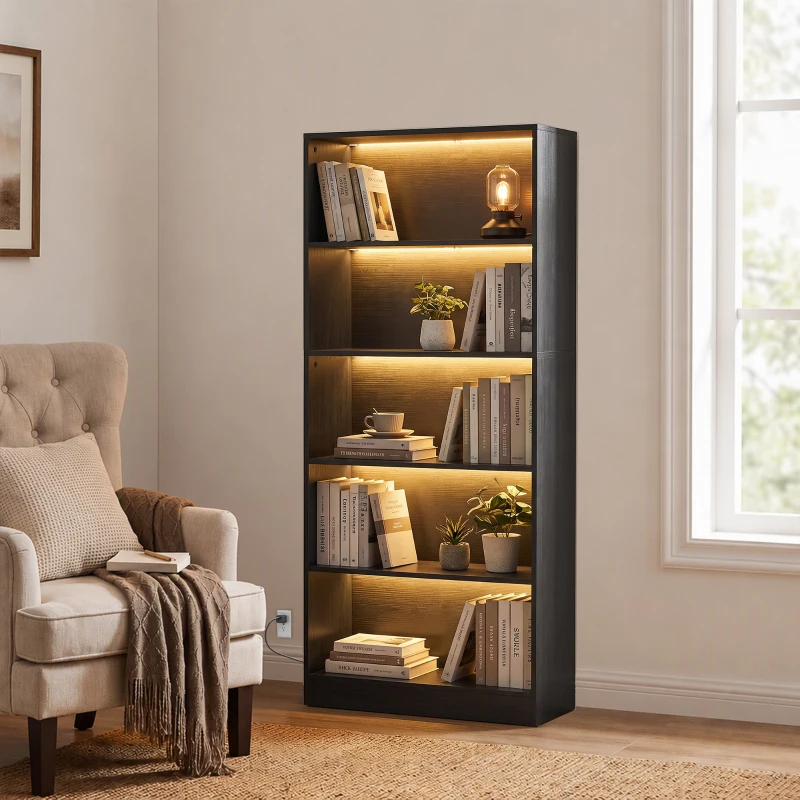 HOMCOM Bookshelf with LED Lights, 5-Tier Bookcase, Cable Holes, for Living Room, Study, Black Wood Grain