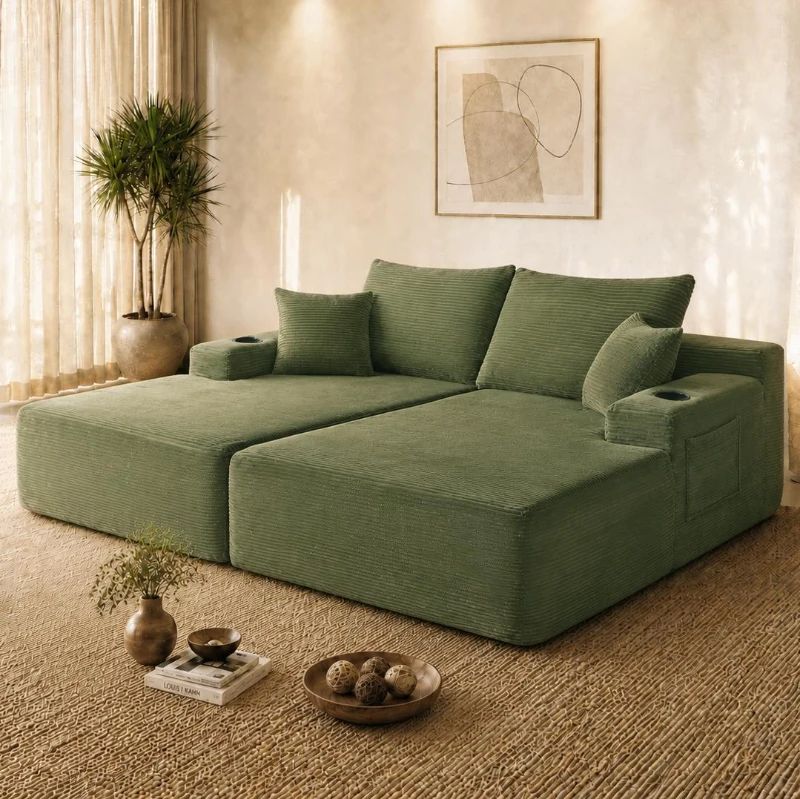 Modern Cloud Sectional with Double Chaise and Deep Seat, Cozy 2-Seater Sofa with Soft Corduroy and No Assembly, 69'' L x 61" W x 30" H, Green