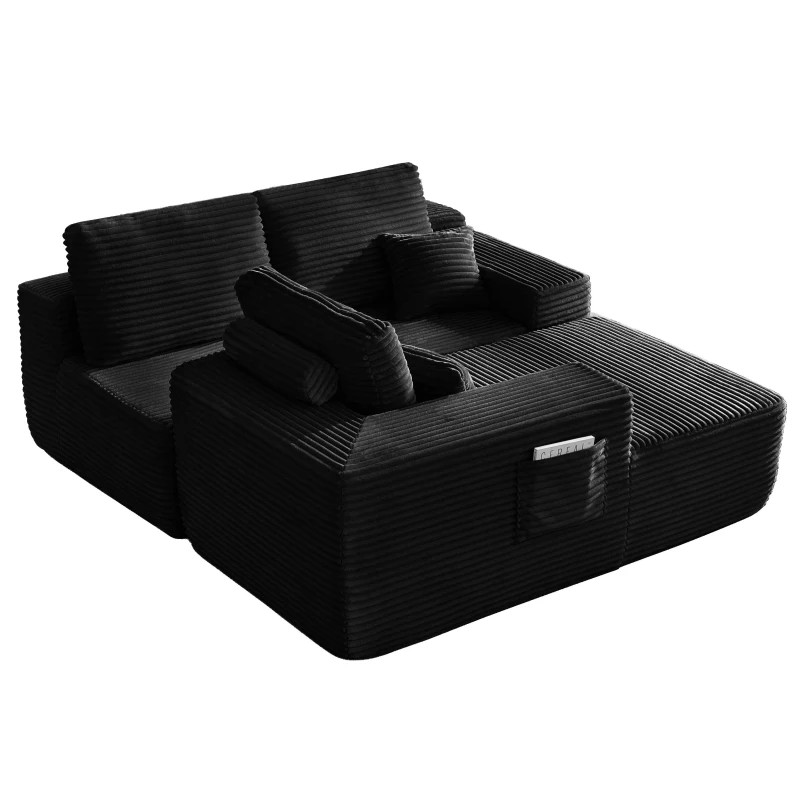 Airy Fabric Sofa with L-Shaped Chaise and Side Pockets, Timeless Couch for Living Room and Bedroom, 104'' L x 67" W x 32.5" H, Black Left