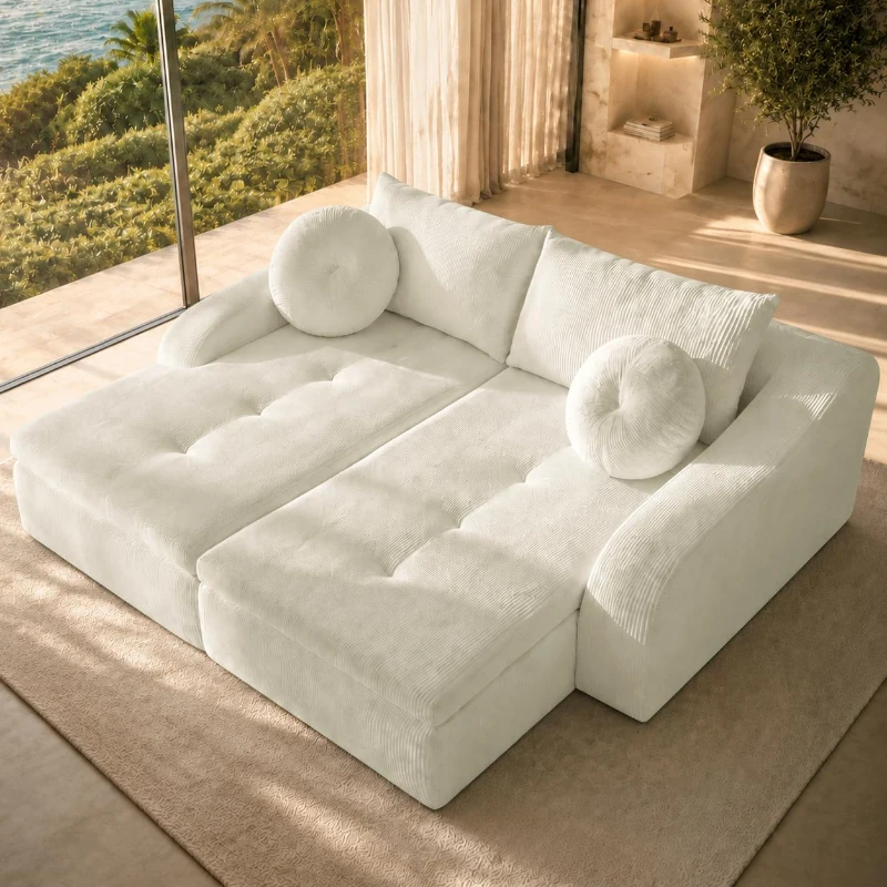 Cozy 2-Piece Chaise Lounge Set with Left and Right Design, Modern Corduroy Lounge Chair with Spring Padding, 66'' L x 76" W x 23" H, White