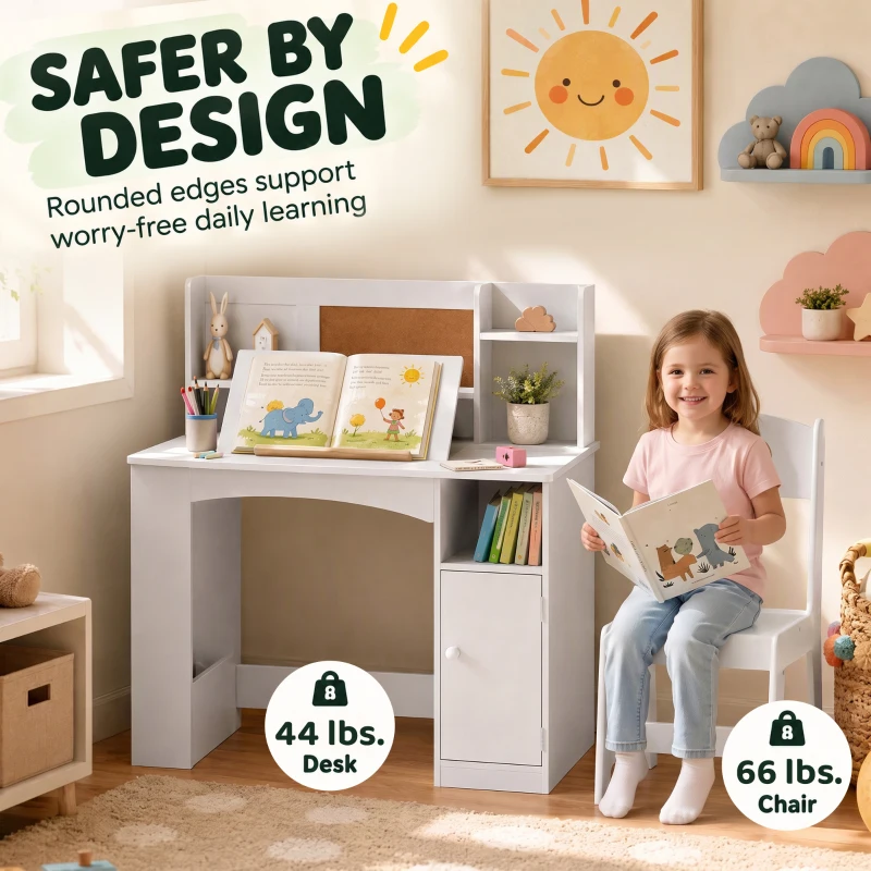 Qaba Kids Desk and Chair Set, Wooden Children Study Table with Tiltable Desktop, Storage Cabinet, Hutch for 3-12, White