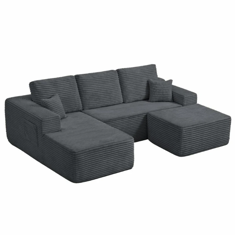 Lush Fabric Sofa with U-Shaped Chaise and Side Pockets, Understated Couch for Living Room and Bedroom, 104'' L x 67" W x 32.5" H, Grey Left