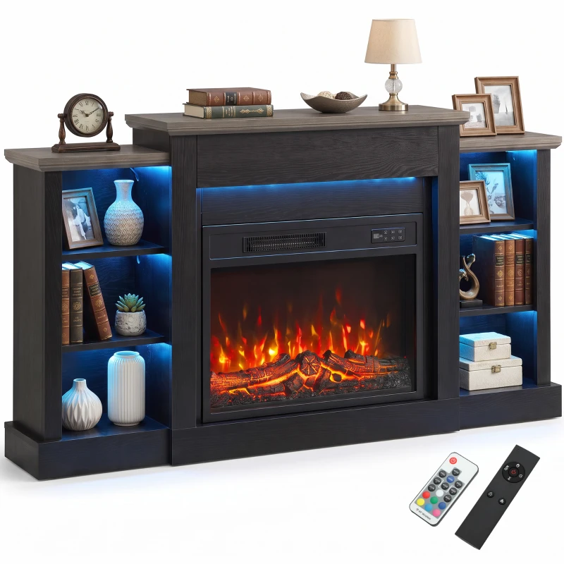 HOMCOM 55" Fireplace TV Stand for TVs up to 65", Entertainment Center TV Console, RGB LED Strips, 6 Shelves, Black Wood Grain