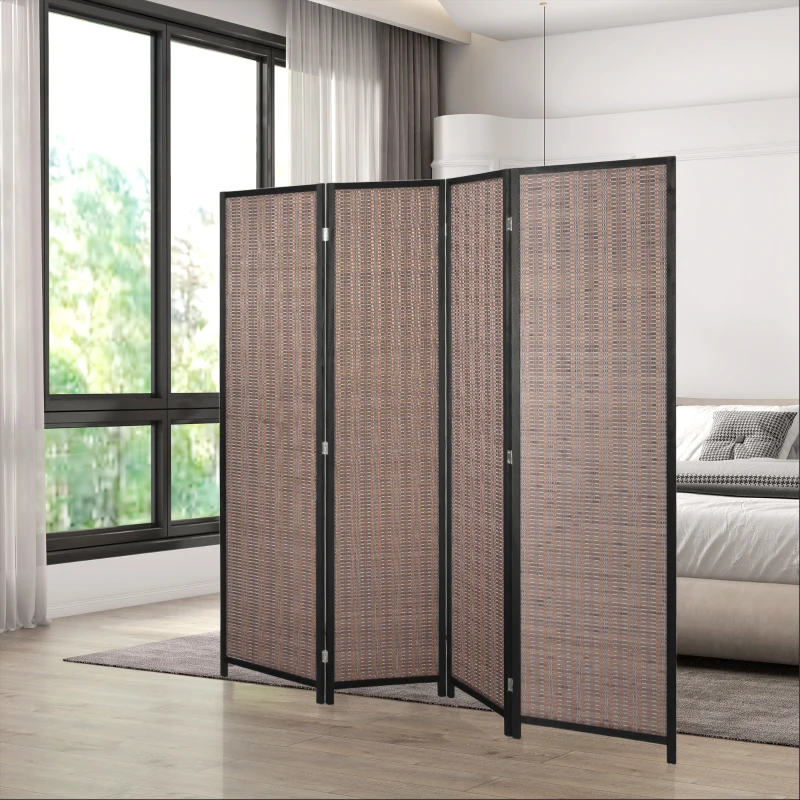 HOMCOM Room Divider Folding Privacy Screen Freestanding 4 Panel Pine Wood for Bedroom Home Office 6 Ft Tall Black Brown