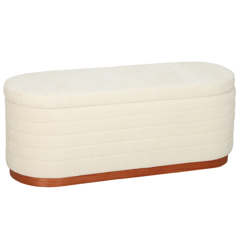 HOMCOM Storage Ottoman Bench Oval Chenille Upholstered Ottoman with Storage Chest, Cream White