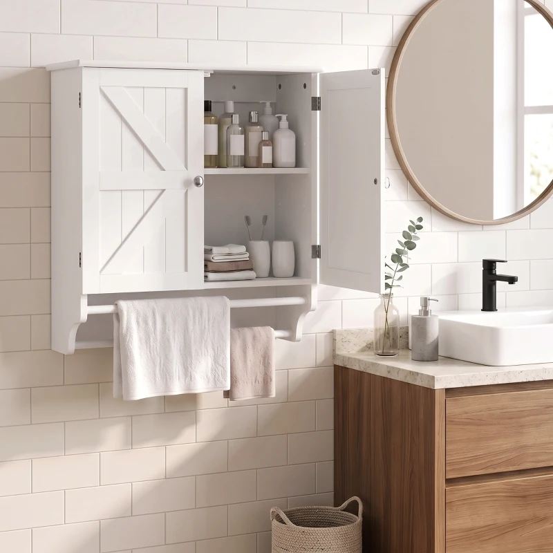HOMCOM Bathroom Wall Cabinet, Medicine Cabinet with Adjustable Shelf, 2 Doors & Towel Racks, 23.8" x 8.9" x 25.2", White