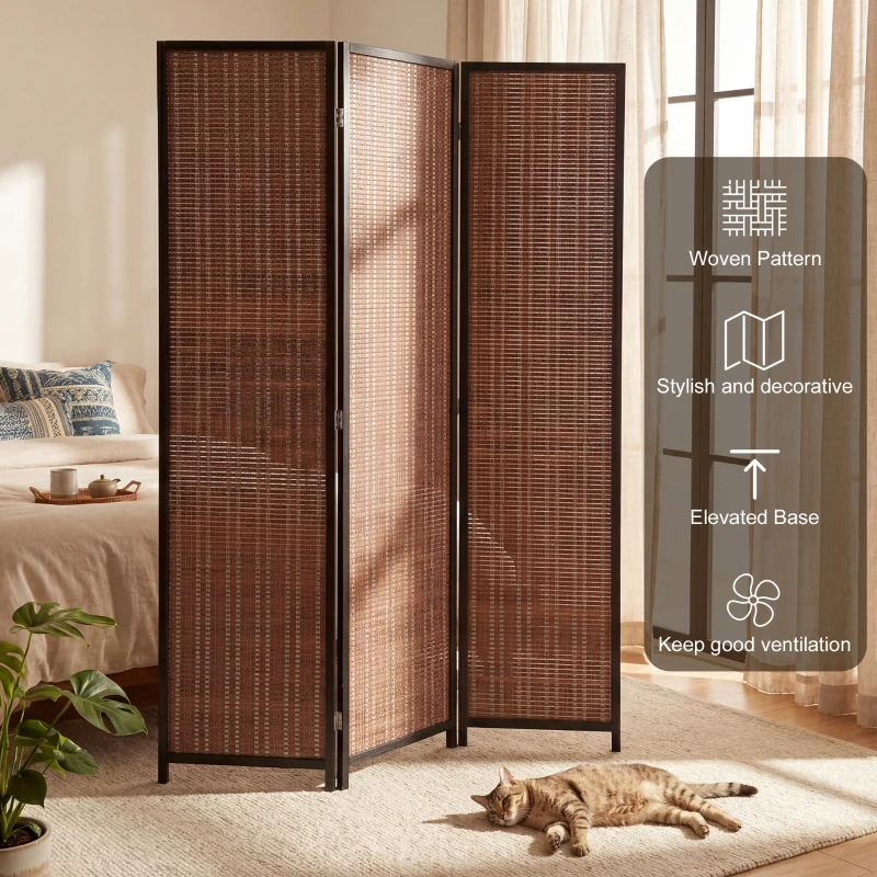 HOMCOM Room Divider Folding Privacy Screen Freestanding 3 Panel Pine Wood for Bedroom Home Office 6 Ft Tall Black Brown