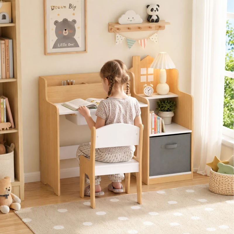 Qaba Kids Desk and Chair Set with 2 Desktop Cubbies, Fabric Bin, Plastic Drawer, Bookshelf, Anti-Tip Device for 3-8 Years