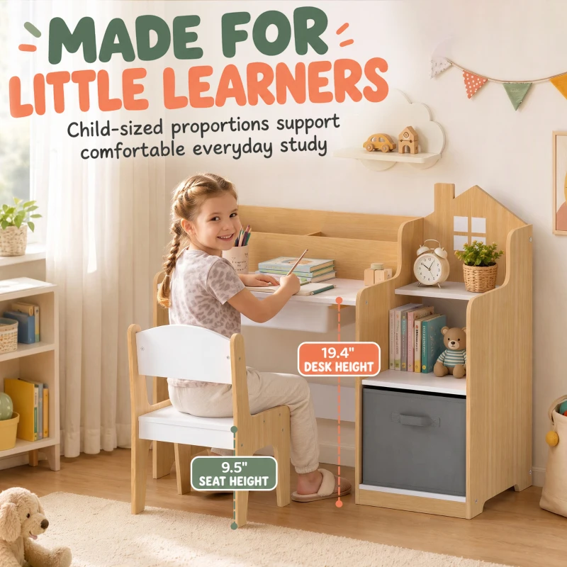 Qaba Kids Desk and Chair Set with 2 Desktop Cubbies, Fabric Bin, Plastic Drawer, Bookshelf, Anti-Tip Device for 3-8 Years
